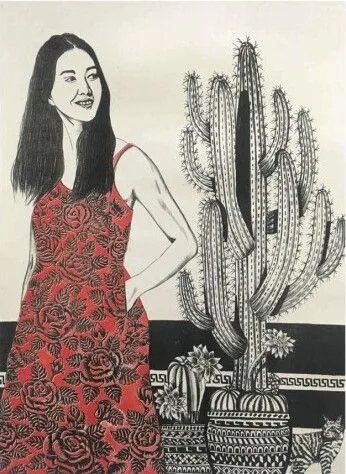 Women by Chhering Negi, woodcut on paper, people and portraits
