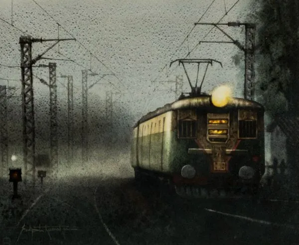 Journey by Sudipta Karmakar, acrylic on canvas, transportation and map