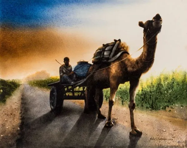 Scenes from Rural India by Sudipta Karmakar, watercolour on paper, transportation and map
