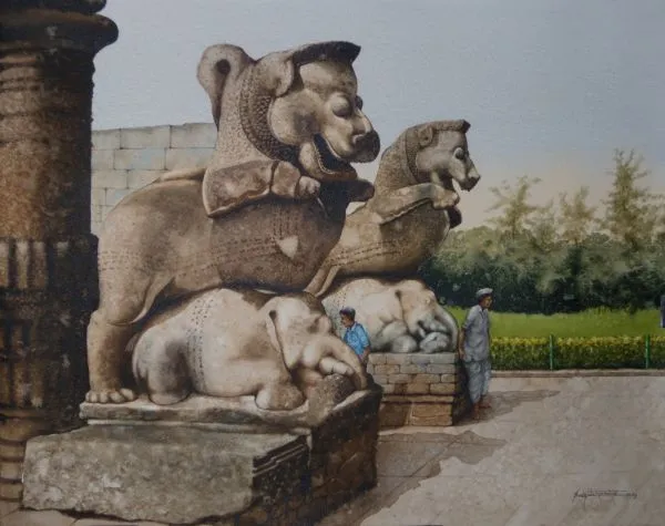 Sun Temple by Sudipta Karmakar, watercolour on paper, architecture and cityscapes