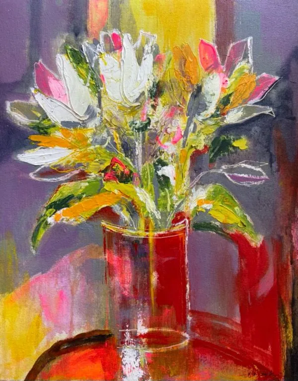 Still Life with Tulips by Vinayak Pasricha, acrylic on canvas, flower