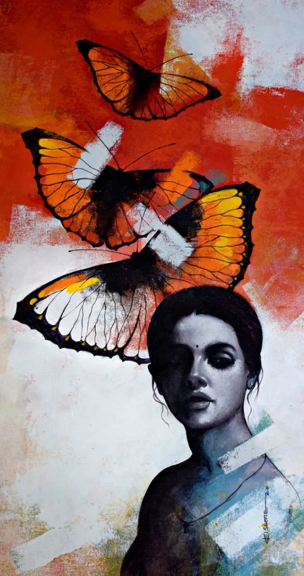 Gazing Down by Kishore Pratim Biswas, acrylic on canvas, nude