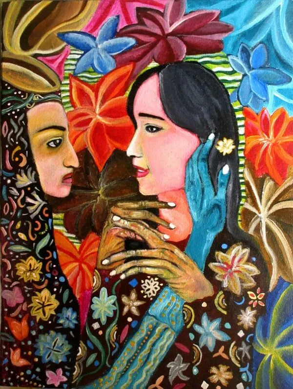Garden conversations by Debdutta Banerjee, acrylic on canvas, people and portraits