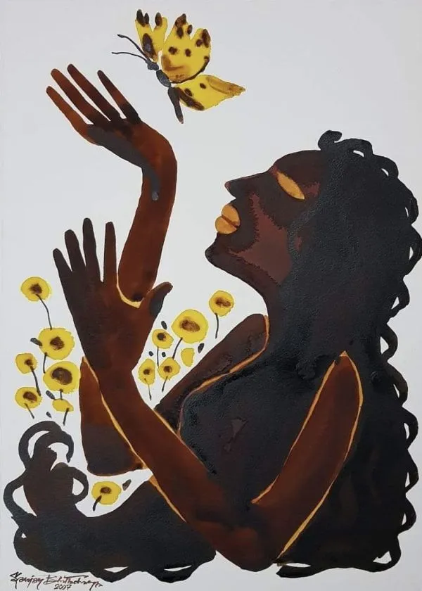 Girl with a Butterfly by Sanjay Bhattacharya, watercolour on paper, girl