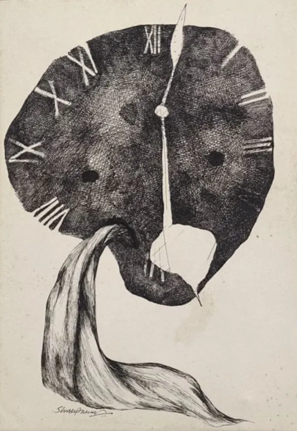 Time by Shuvaprasanna Bhattacharya, pen and ink on paper, transportation and map