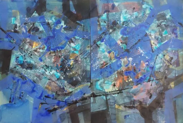 Midnight Blue by Dipankar Ghosh, acrylic on handmade paper, landscape, sea and sky