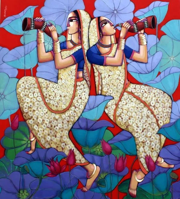 Jolly Women in a lotus pond by Sekhar Roy, acrylic on canvas, people and portraits