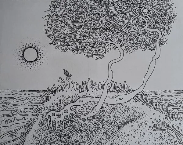 Seaside by Prokash Karmakar, marker on canvas, landscape, sea and sky