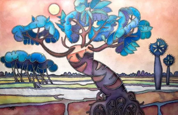 Trees by Prokash Karmakar, acrylic on canvas, landscape, sea and sky
