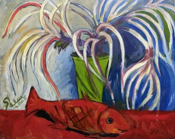 Still Life with Fish & Flowers by Shanu Lahiri, acrylic on canvas, still life