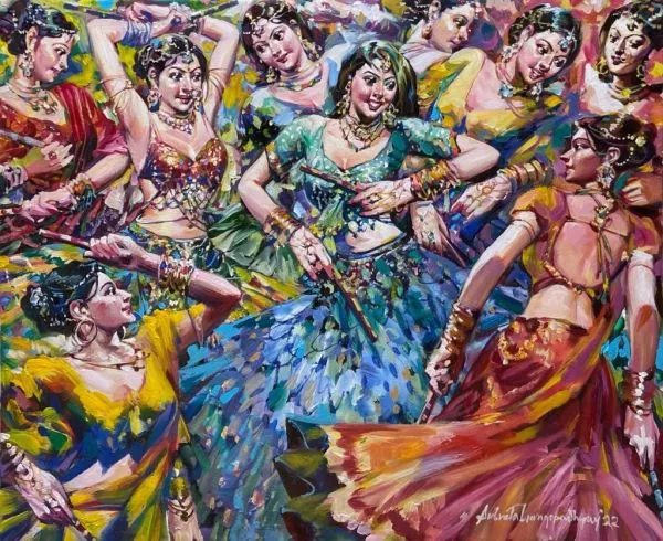 Dandia by Subrata Gangopadhyay, acrylic on canvas, people and portraits