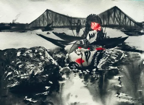 The last Day by Biplab Dalai, water color and ink on paper, landscape, sea and sky