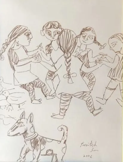 Playtime by Paritosh Sen, pen and ink on paper, people and portraits