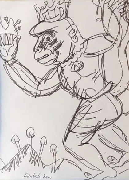 Hanuman by Paritosh Sen, pen and ink on paper, religious