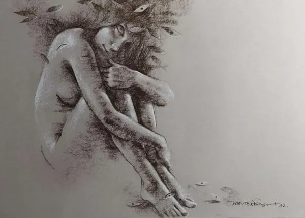 Solitude by Sanatan Dinda, mix media on paper, girl