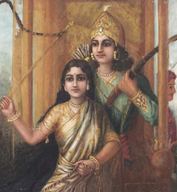 Arjun & Prince Uttara, oil on canvas, religious