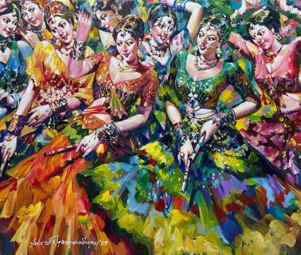 Dandiya by Subrata Gangopadhyay, acrylic on canvas, people and portraits