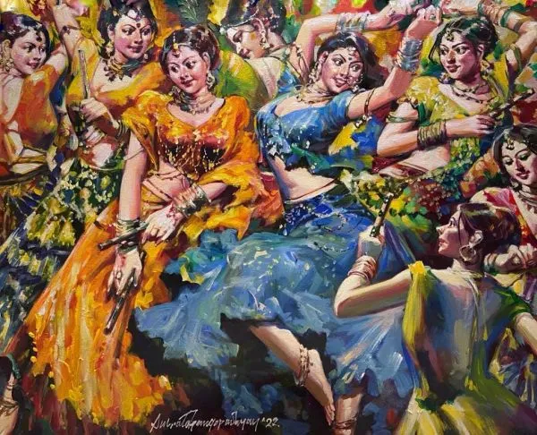 Garba by Subrata Gangopadhyay, acrylic on canvas, people and portraits