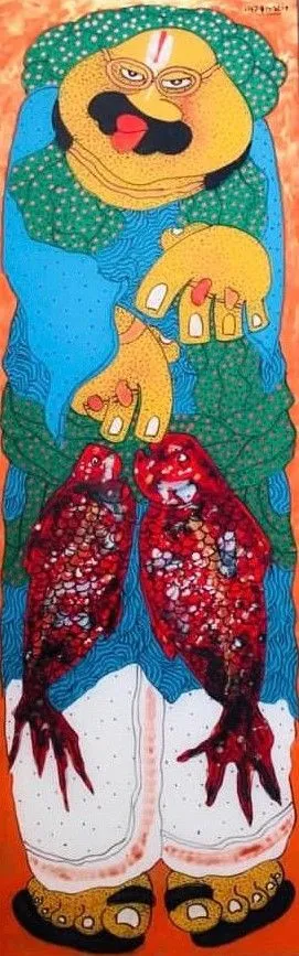Babu With Fish by Shyamal Mukherjee, acrylic on acrylic sheet, people and portraits