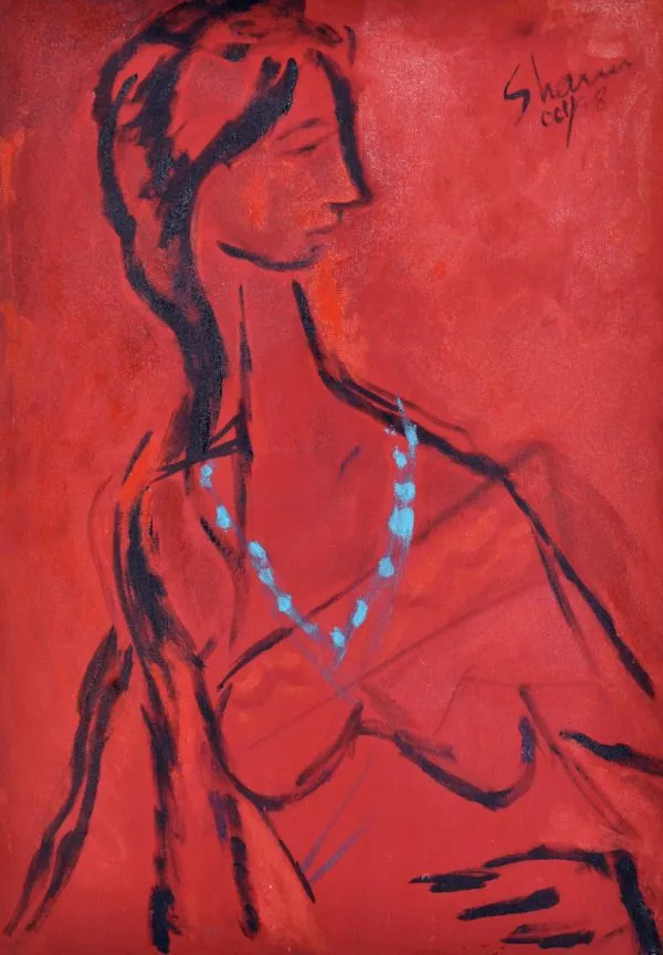 Lady in Red by Shanu Lahiri, acrylic on canvas, people and portraits