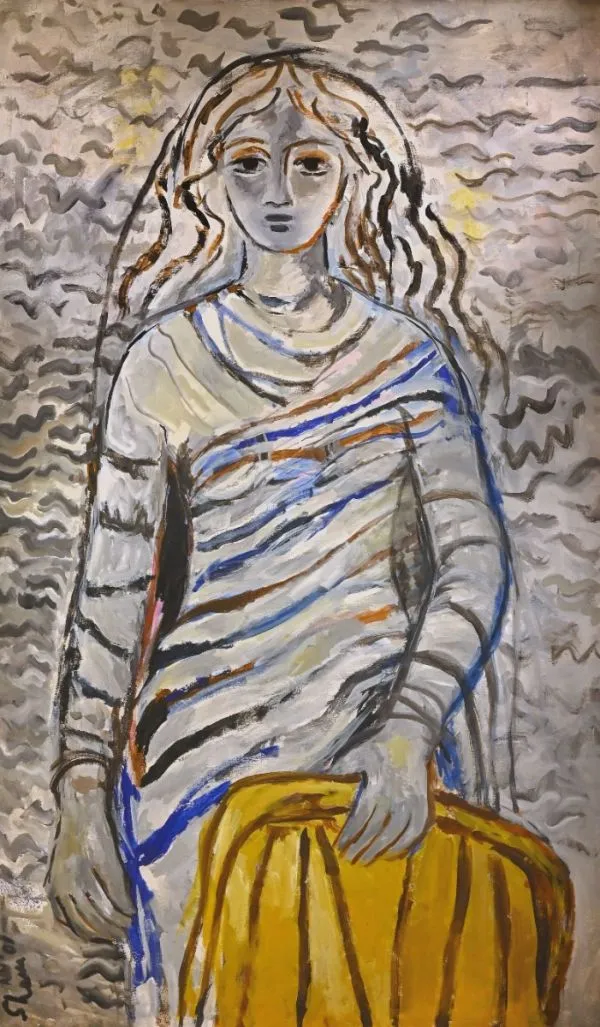 Woman with Yellow Bag by Shanu Lahiri, acrylic on canvas, people and portraits