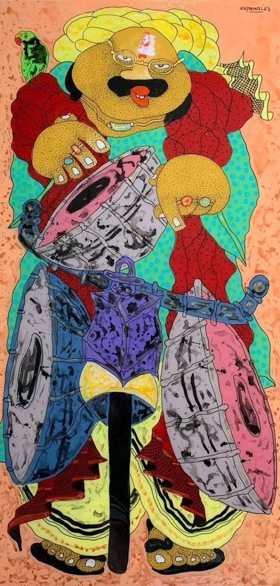 Babu and the Drums by Shyamal Mukherjee, acrylic on acrylic sheet, people and portraits