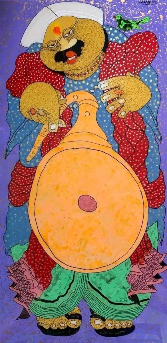 Babu and the Flute by Shyamal Mukherjee, acrylic on acrylic sheet, people and portraits