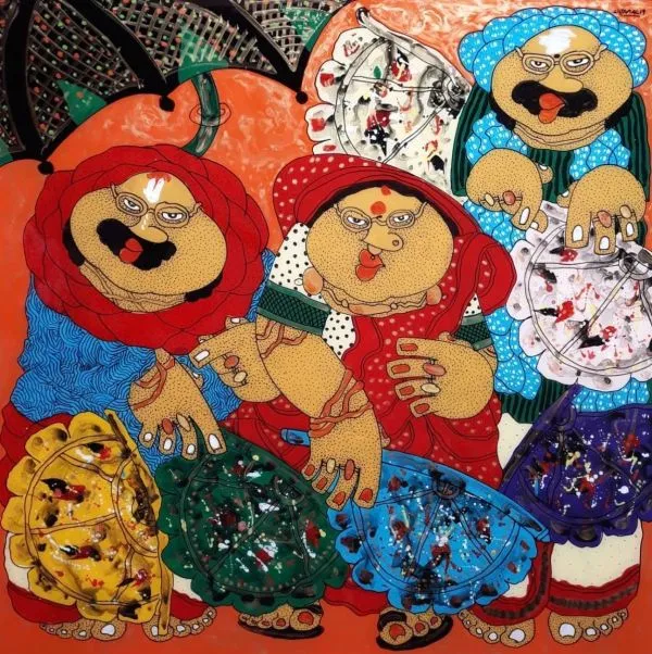 Babus and Bibi at the Market by Shyamal Mukherjee, acrylic on acrylic sheet, people and portraits