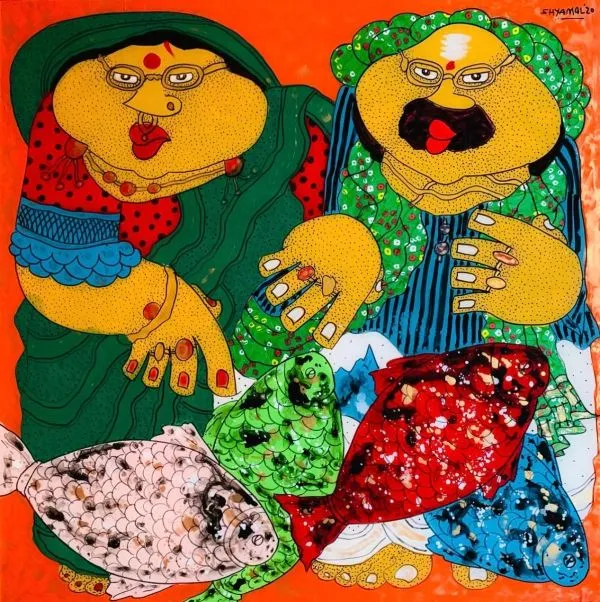 Babu and Bibi Buying Fish by Shyamal Mukherjee, acrylic on acrylic sheet, people and portraits