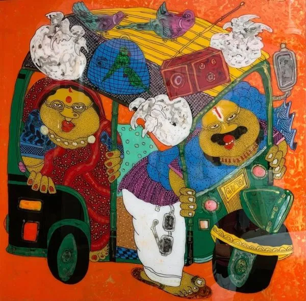 Auto Ride by Shyamal Mukherjee, acrylic on acrylic sheet, people and portraits