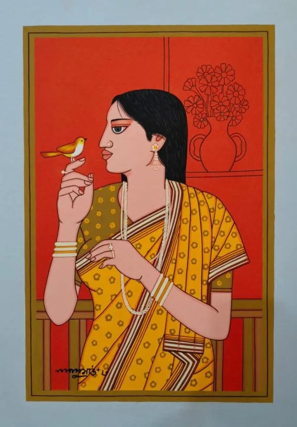 Bibi with bird by Lalu Prasad Shaw, tempera on board, people and portraits