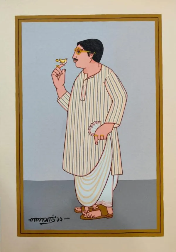 Babu with bird by Lalu Prasad Shaw, tempera on board, people and portraits