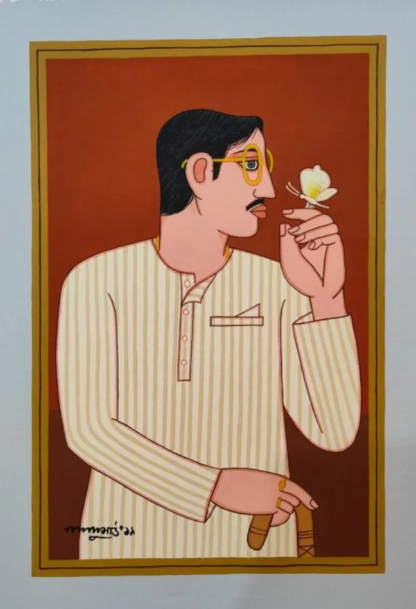 Babu with butterfly by Lalu Prasad Shaw, tempera on board, people and portraits