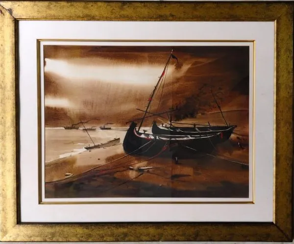 Boats by Paresh Maity, watercolour on paper, landscape, sea and sky