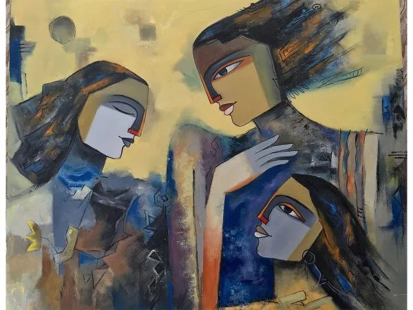 The Conversation by Kavita Tambolkar, oil on canvas, people and portraits