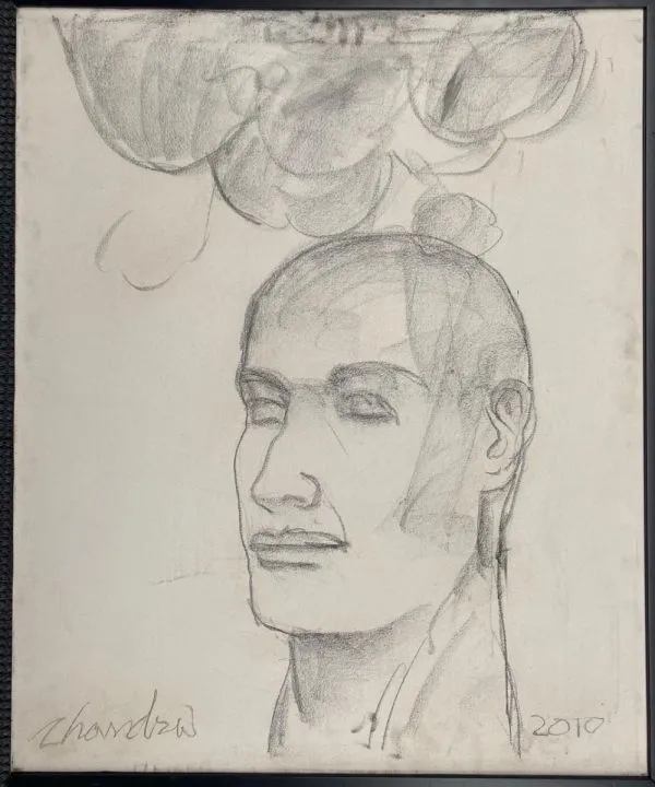Untitled (Men face) by Chandra Bhattacharjee, charcoal on canvas, still life