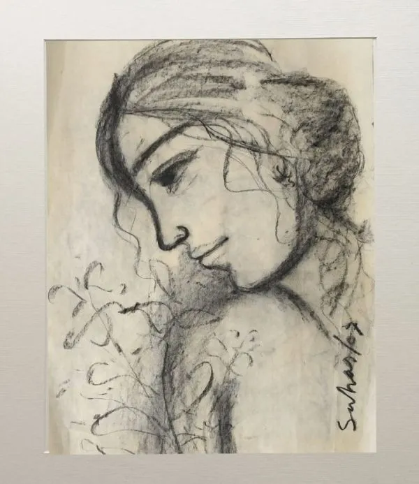 Woman 1 by Suhas Roy, charcoal on paper, girl