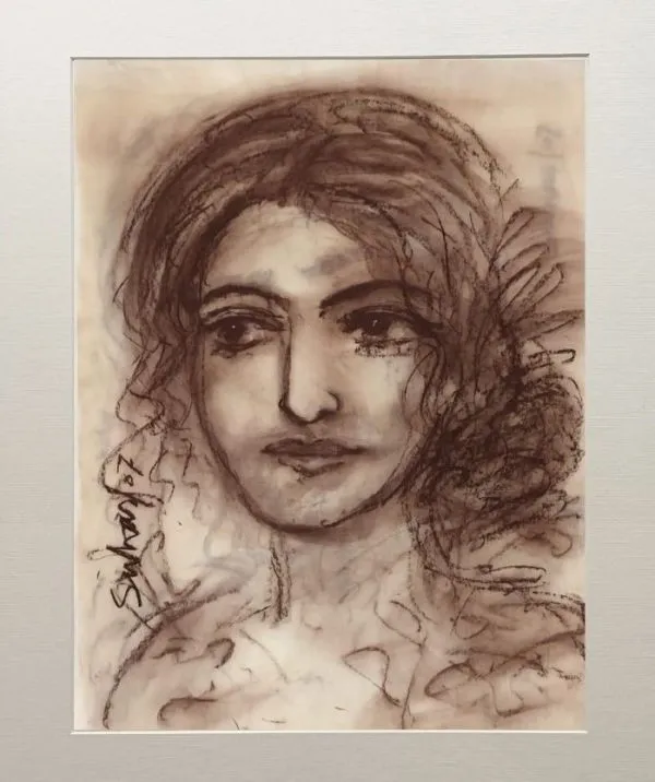 Woman with hair curl by Suhas Roy, conte on paper, girl