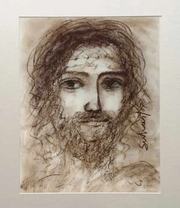 Jesus Christ by Suhas Roy, conte on paper, religious