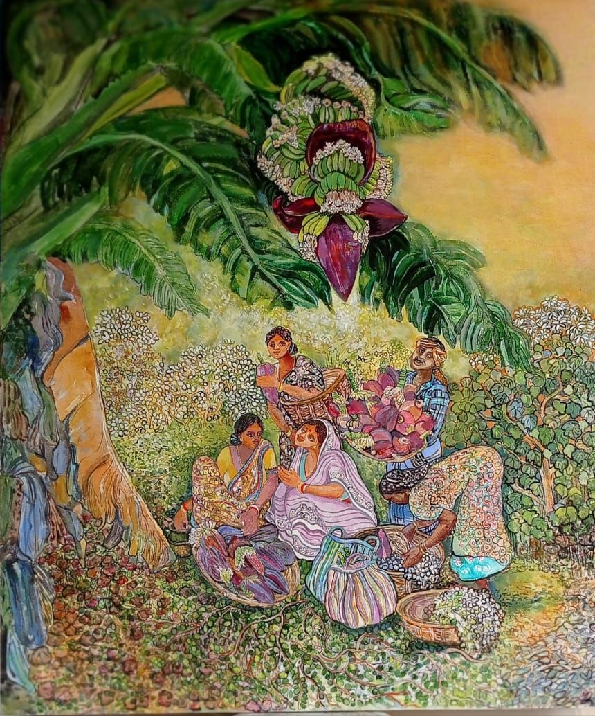 Friends by Chaitali De Chanda, acrylic on canvas, people and portraits