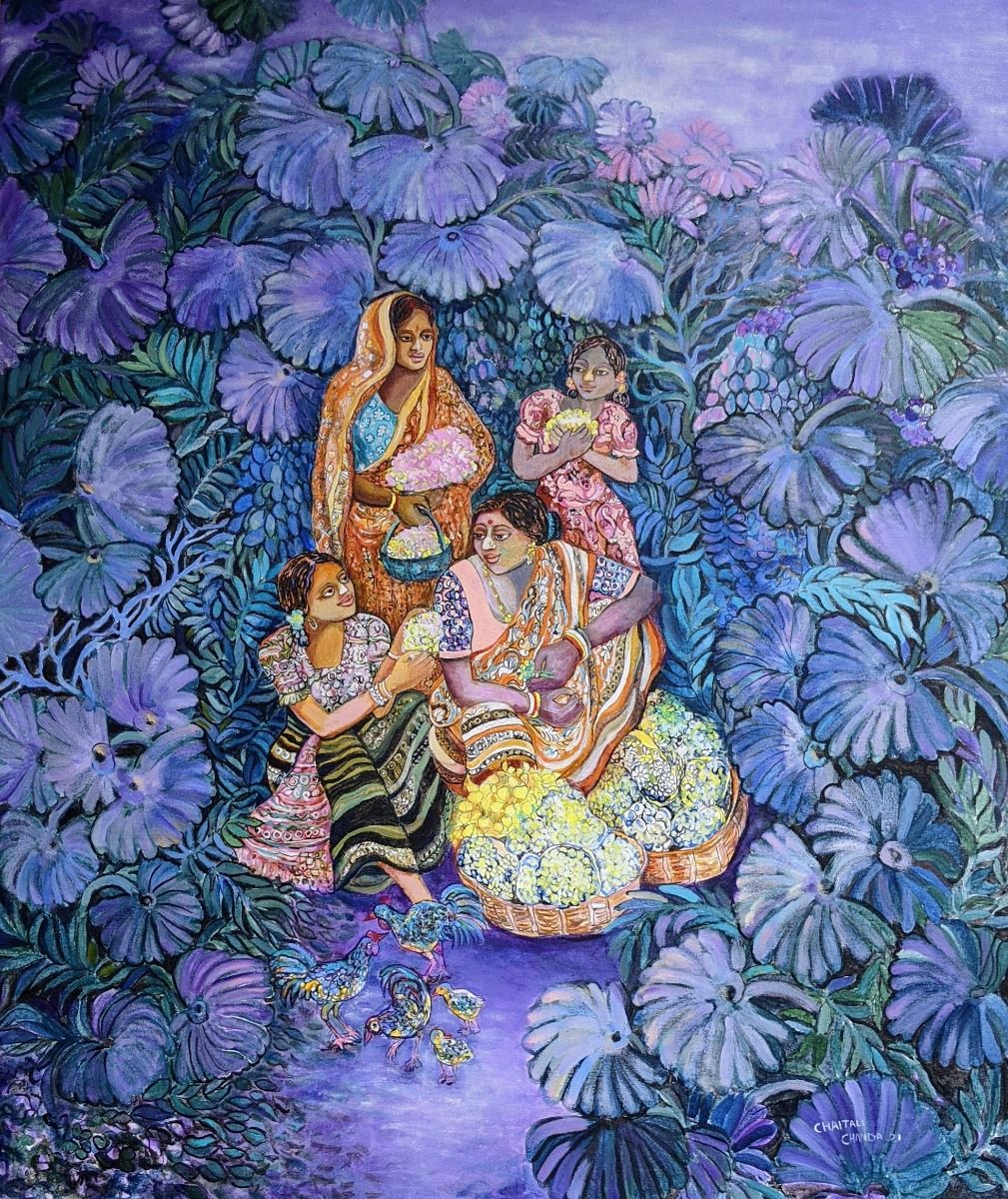 Flower Collectors by Chaitali De Chanda, acrylic on canvas, people and portraits