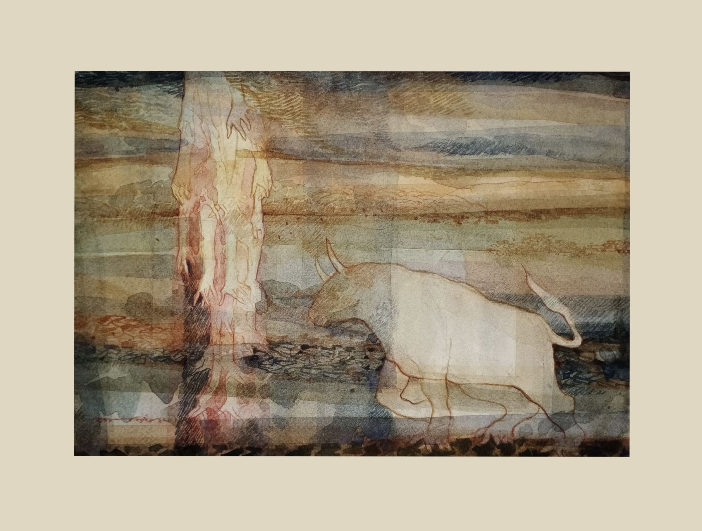 Bull by Kartick Pal, watercolour on paper, animal