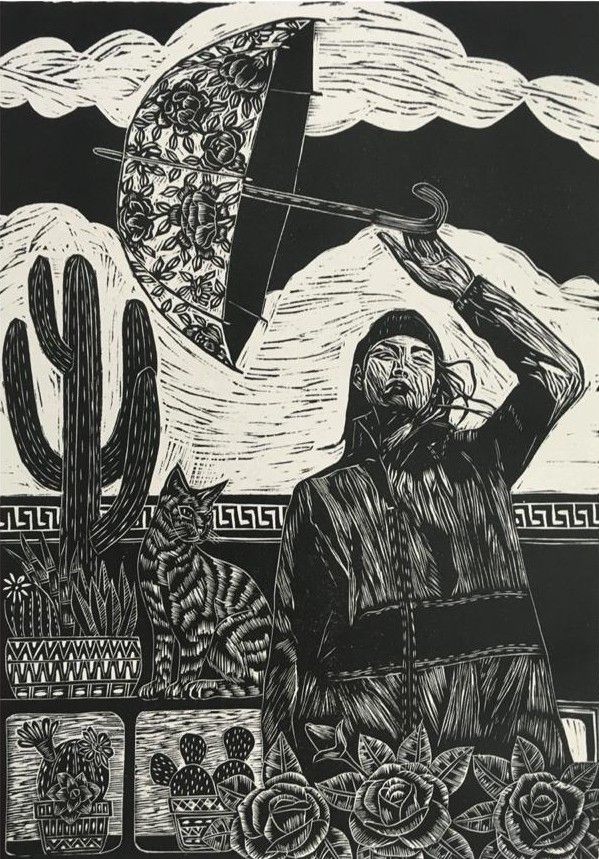 Lightness by Chhering Negi, woodcut on paper, people and portraits