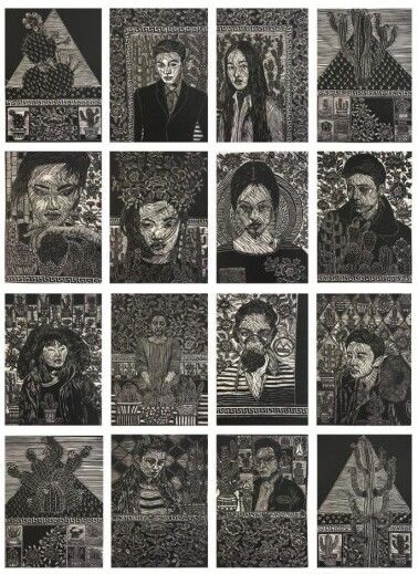 Rear Window by Chhering Negi, woodcut on paper, people and portraits