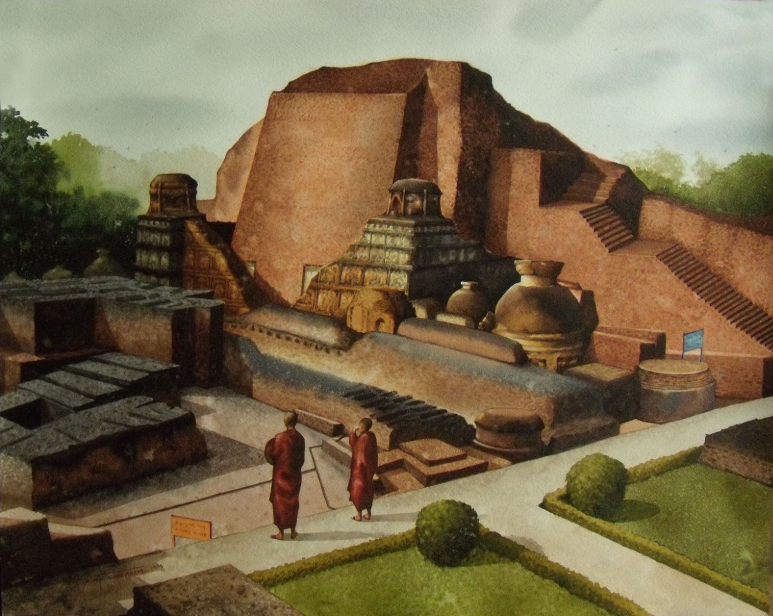 Nalanda University by Sudipta Karmakar, watercolour on paper, architecture and cityscapes