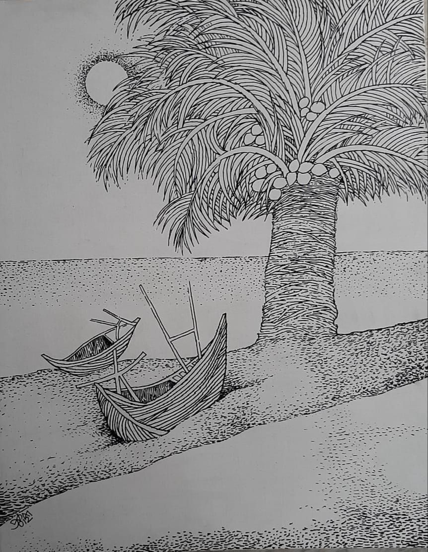By the Shore by Prokash Karmakar, marker on canvas, landscape, sea and sky