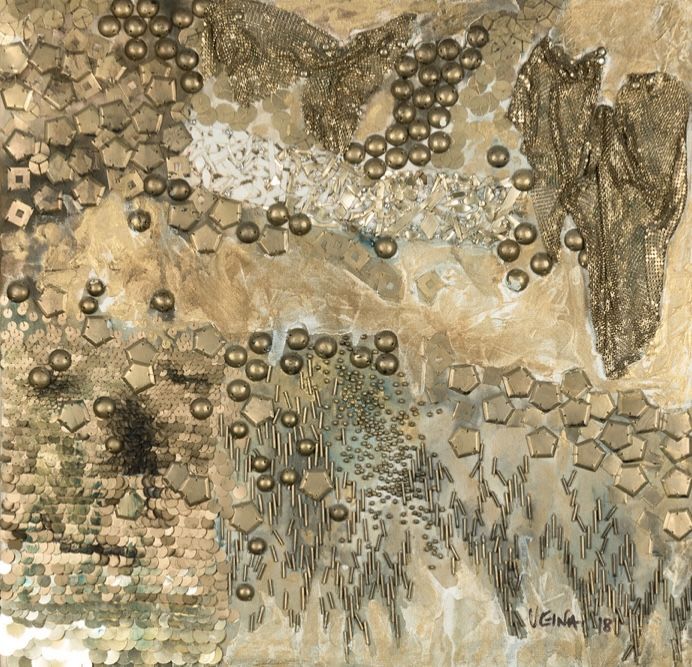 Bedrock by Veena Advani, mix media on canvas, landscape, sea and sky