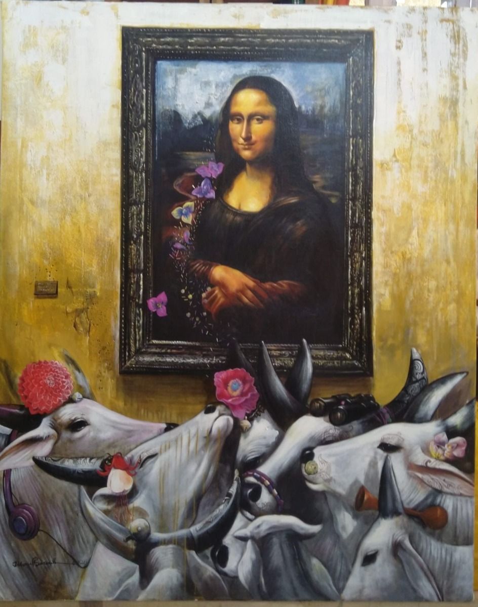 Quality time with Monalisa by Jiban Biswas, acrylic on canvas, animal