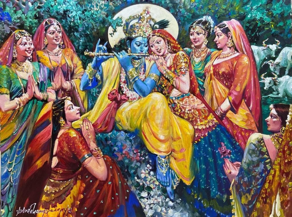Krishna & his Gopis by Subrata Gangopadhyay, acrylic on canvas, religious