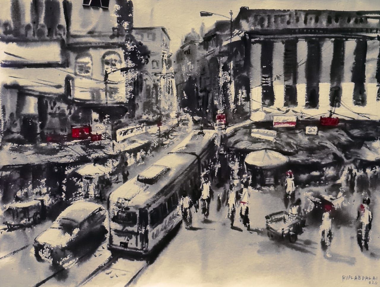 Calcutta In The Seventies by Biplab Dalai, water color and ink on paper, architecture and cityscapes